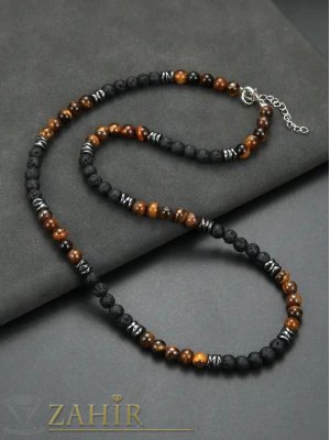 Ръчно изработено колие в 4 размера с черни лава камъни и кафяво тигрово око 8 мм топче,рингове от хематит, стоманени накрайници - MK1524